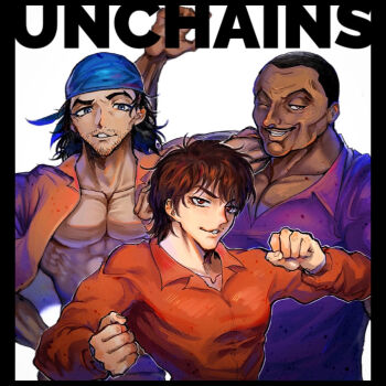 Rule 34 | 3boys, abs, artist request, beard, biscuit oliva, black hair, border, brown eyes, dark skin, facial hair, grappler baki, hanma baki, highres, jun guevaru, looking at viewer, male focus, multiple boys, muscular, mustache, open clothes, open shirt, pectorals, ribbon, short hair, simple background, smile, upper body, white background