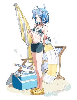 1girl arahashi_tabi beach beach_chair bikini bikini_under_clothes black_bikini black_shorts blue_hair blush clothes_lift collarbone cooler crocs dandandanholo dolphin_shorts full_body goggles goggles_on_head hashtag-only_commentary holding holding_swim_ring innertube lifting_own_clothes looking_at_viewer navel parted_lips pungdangi_(arahashi_tabi) see-through_clothes see-through_shirt shirt shirt_lift shoes short_hair short_shorts shorts sleeveless sleeveless_shirt snorkel solo standing stellive stomach string_bikini swim_ring swimsuit virtual_youtuber water_drop wet wet_clothes wet_shirt white_shirt yellow_shoes