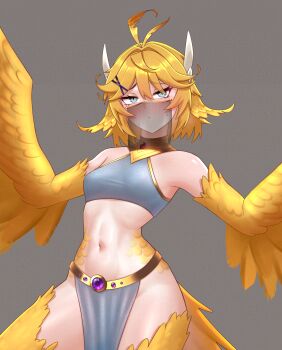 antenna_hair armpit_crease bare_shoulders bird_legs bird_tail bird_wings blonde_hair blush breasts cipher4109 commentary dokibird embarrassed feather_hair feather_hair_ornament feathered_wings feathers green_eyes hair_between_eyes hair_ornament hairclip harpy highres indie_virtual_youtuber monster_girl navel pelvic_curtain see-through_clothes sidelocks slit_pupils small_breasts stomach tail thighhighs veil virtual_youtuber winged_arms wings