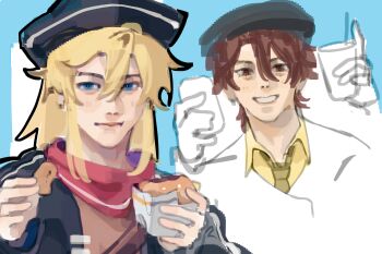 2boys 33yun absurdres black_hat black_jacket blonde_hair blue_eyes brown_shirt chicken_nuggets closed_mouth collared_shirt commentary drink english_commentary epic_battle_fantasy food grey_background grin hat highres holding holding_drink holding_food jacket lance_(epic_battle_fantasy) lips long_hair male_focus matt_(epic_battle_fantasy) multiple_boys neckerchief necktie open_mouth pirate_hat red_eyes red_hair red_neckerchief shirt short_hair simple_background sketch smile teeth unfinished upper_body white_background