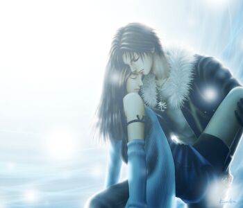 Rule 34 | 1990s (style), 1boy, 1girl, bike shorts, black hair, brown hair, couple, detached sleeves, closed eyes, final fantasy, final fantasy viii, streaked hair, jacket, jewelry, kimika, long hair, multicolored hair, necklace, pants, rinoa heartilly, shirt, short hair, squall leonhart, white shirt