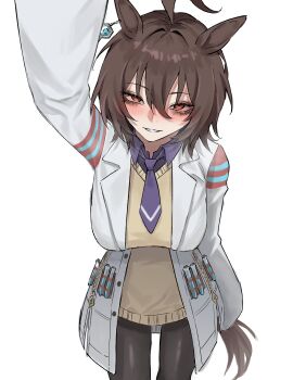 1girl absurdres agnes_tachyon_(tach-nology)_(umamusume) agnes_tachyon_(umamusume) animal_ears arm_up black_necktie black_pantyhose black_shirt blush breasts brown_hair chemical_structure cork ear_ornament earrings hair_between_eyes hanging_breasts highres horse_ears horse_girl horse_tail incoming_headpat jewelry lab_coat large_breasts long_sleeves necktie pantyhose parted_lips red_eyes shirt short_hair simple_background single_earring sleeves_past_fingers sleeves_past_wrists smile solo sweater tail test_tube tyrezal umamusume variant_set white_background wide_sleeves yellow_sweater