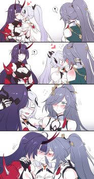 ! 3girls armor bare_shoulders blue_hair blush breasts cleavage comic embarrassed eyebrows eyelashes female_focus fff_threesome fu_hua gloves green_eyes group_sex hair_ornament happy heart highres honkai_(series) honkai_impact_3rd horns kiana_kaslana kiss long_hair looking_at_another multiple_girls negom pale_skin pink_eyes ponytail purple_hair raiden_mei sequential shoulder_armor simple_background smile speech_bubble sweat threesome watching white_background white_hair yuri