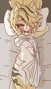 1girl 2025 animal_ears animated bedroom black_hair blonde_hair blush body_fur breasts breathing cat_ears cat_girl cat_tail collar dayday_(day_1day) disembodied_hand furry furry_female green_eyes hands_on_another&#039;s_stomach indoors korean_commentary large_breasts lying massage naked_towel on_back on_bed pulchra_fellini solo_focus tail towel video yellow_eyes yellow_fur zenless_zone_zero