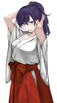 1girl a_dayo00 adjusting_hair arms_behind_head arms_up asahina_mafuyu blush breasts cleavage closed_mouth collarbone commentary cowboy_shot hair_between_eyes hair_tie hair_tie_in_mouth hakama hakama_skirt hands_in_own_hair high_ponytail highres japanese_clothes kimono large_breasts long_hair looking_at_viewer miko mouth_hold ponytail project_sekai purple_eyes purple_hair red_hakama sidelocks simple_background skirt solo standing tying_hair white_background white_kimono wide_sleeves