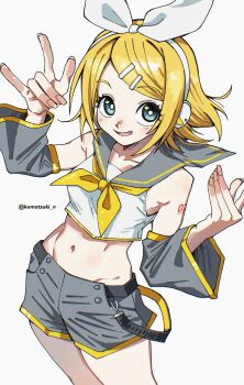 1girl absurdres bare_shoulders blonde_hair blue_eyes bow crop_top detached_sleeves hair_bow hair_ornament hairclip headphones highres kagamine_rin komatsuki_n looking_at_viewer midriff navel neckerchief number_tattoo sailor_collar shorts smile solo tattoo vocaloid white_background yellow_neckerchief