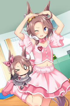 Rule 34 | > o, 0 0, 2girls, ;d, animal ears, arms up, blue eyes, blush, bow, breasts, brown hair, cleavage, commentary request, curtains, day, ear ribbon, grey skirt, hair between eyes, hair over shoulder, hair ribbon, highres, horse ears, horse girl, horse tail, if they mated, indoors, long hair, low ponytail, meni shuki rush-sshu!, mother and daughter, multiple girls, narita taishin (umamusume), navel, odawara hakone, one eye closed, open mouth, parted bangs, pink ribbon, pink skirt, ponytail, ribbon, skirt, small breasts, smile, sunlight, tail, umamusume, white ribbon, window, wooden floor