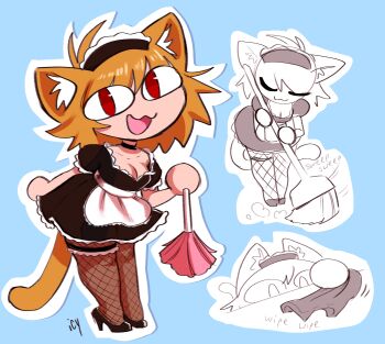 Rule 34 | 1girl, :3, alternate costume, animal ear fluff, animal ears, apron, artist name, black choker, blonde hair, blue background, broom, cat ears, cat girl, cat tail, choker, cleaning, commentary, duster, english commentary, enmaided, fishnet pantyhose, fishnets, full body, high heels, highres, holding, holding broom, holding duster, iseenudepeople, looking at viewer, maid, maid apron, maid headdress, melty blood, multiple views, neco-arc, neco spirit, open mouth, pantyhose, red eyes, signature, simple background, smile, solo, tail, tsukihime, tsukihime (remake)