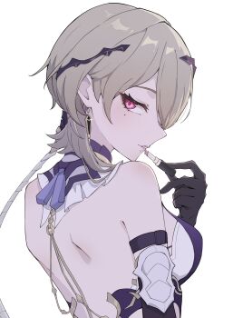 1girl absurdres applying_lipstick applying_makeup back black_gloves breasts brown_hair commentary commentary_request cosmetics earrings from_side gloves highres holding holding_lipstick_tube honkai_(series) honkai_impact_3rd jewelry lipstick_tube medium_breasts purple_eyes rita_rossweisse rita_rossweisse_(miss_espionage) short_hair simple_background solo torein_(and_rain3) upper_body white_background