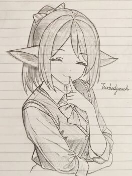 1girl animal_ears arknights artist_name blush bow breasts dress fox_ears fox_girl hair_bow highres long_sleeves material_growth oripathy_lesion_(arknights) perfumer_(arknights) ponytail smile solo striped_bow traditional_media turbidpeachzz