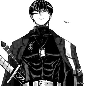 Rule 34 | 1boy, artist name, bee, belt, ben-day dots, bug, chihisan (sanchi chokusou), closed mouth, coat, coat on shoulders, commentary, compression shirt, covered abs, from below, glasses, greyscale, highres, id card, insect, katana, lapels, limbus company, looking at viewer, looking down, male focus, monochrome, multicolored hair, pectorals, project moon, screentones, semi-rimless eyewear, sheath, sheathed, short hair, simple background, solo, streaked hair, sword, untranslatable commentary, turtleneck, upper body, vespa crabro, weapon, white background