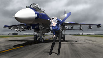 1girl air-to-air_missile aircraft aircraft_hanger airplane arm_up belt belt_buckle bent_over black_belt black_boots black_pants blue_eyes blue_hair blue_sweater boots breasts buckle canards canopy_(aircraft) closed_mouth cloud cloudy_sky cockpit collarbone commentary day english_commentary fighter_jet forest full_body grass grey_sky high_heel_boots high_heels highres landing_gear large_breasts leather leather_pants long_hair long_sleeves military military_vehicle missile nature off-shoulder_sweater off_shoulder original outdoors pants r-27_vympel r-73_vympel runway shadow sidelocks sky smile solo spaghetti_strap standing su-33 sunglasses sweater vehicle_focus weapon yellow-framed_eyewear zero_(73ro)