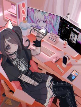 1girl ame-chan_(needy_girl_overdose) animal_ear_headphones animal_ears at_computer belt between_legs black_belt black_choker black_eyeliner black_hair black_nails black_shirt black_skirt blonde_hair blue_bow blue_eyes blue_hair bow cat_ear_headphones cat_ears cellphone chain chair choker chouzetsusaikawa_tenshi-chan computer computer_keyboard computer_mouse computer_tower cuffs cup curtains desk emo_fashion eyelashes eyeliner fake_animal_ears fishnet_gloves fishnet_thighhighs fishnets food fuwa_fuwa_cinnamoroll gaming_chair gloves goth_fashion hair_bow hair_ornament hair_over_one_eye hairclip hand_between_legs headphones hello_kitty highres indoors irreligiositat jewelry long_hair long_sleeves looking_at_viewer looking_back makeup manii_(band) monitor multicolored_hair multiple_hair_bows mutiilation_(band) nail_polish necklace needy_girl_overdose office_chair phone pink_bow pink_hair pizza pleated_skirt quad_tails razor razor_blade sanrio scar self-harm_scar shirt short_sleeves sitting skirt smartphone smile solo spikes stylus swivel_chair thighhighs twintails x_hair_ornament