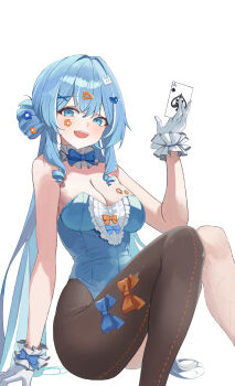 Rule 34 | 1girl, ace (playing card), ace of spades, arahashi tabi, arm support, asymmetrical legwear, black hiphighs, blue eyes, blue hair, blue leotard, bow, breasts, card, cleavage, collar, commentary request, detached collar, double-parted bangs, feet out of frame, fishnets, frilled collar, frilled gloves, frills, gloves, hair ornament, hand up, heart, heart hair ornament, highres, hiphighs, holding, holding card, knees up, korean commentary, large breasts, leotard, long hair, looking at viewer, open mouth, playing card, rahwol177, sitting, smile, solo, spade (shape), stellive, sticker, sticker on breast, sticker on face, strapless, strapless leotard, triangle hair ornament, variant set, very long hair, virtual youtuber, white collar, white gloves