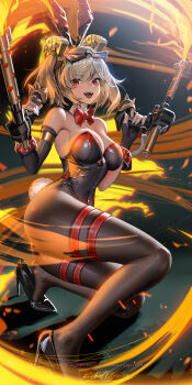 Rule 34 | 1girl, :d, alternate costume, animal ears, bare shoulders, black gloves, black leotard, blonde hair, bow, bowtie, breasts, brown pantyhose, burnice white, dual wielding, eyewear on head, fingerless gloves, fire, flamethrower, full body, gloves, high heels, highres, holding, holding flamethrower, holding weapon, large breasts, leotard, liang xing, open mouth, pantyhose, patent heels, playboy bunny, pumps, rabbit ears, rabbit tail, red bow, red bowtie, red eyes, shoes, short twintails, smile, solo, stiletto heels, sunglasses, tail, teeth, thigh strap, thighs, twintails, upper teeth only, weapon, zenless zone zero