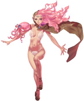 1girl artist_request bare_arms bare_legs blue_eyes bra breasts cape covered_erect_nipples crystal_maiden_(series) earrings full_body game_cg groin jewelry long_pointy_ears long_sleeves meredith_(crystal_maidens) navel octopus official_art open_hand panties pink_hair pointy_ears see-through_bra see-through_clothes single_bare_shoulder solo transparent_background underwear variant_set white_bra white_panties
