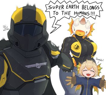 1boy 2girls armor arzyparzy black_visor blonde_hair breasts cape commentary english_commentary english_text family father_and_daughter full_armor helldiver_(helldivers) helldivers_(series) helmet highres holding_hands hunter_(helldivers) large_breasts meme military_uniform monster_girl mother_and_daughter multiple_girls no_eyes pouncer_(helldivers)