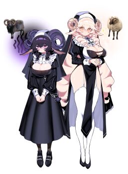 2girls absurdres animal_ears black_dress black_hair black_shoes blonde_hair blush breasts cleavage curled_horns dress full_body garter_straps hair_between_eyes highres horizontal_pupils horns large_breasts long_hair long_sleeves looking_at_viewer multiple_girls nun original own_hands_clasped own_hands_together pelvic_curtain purple_eyes savi_(byakushimc) sheep sheep_ears sheep_girl sheep_horns shoes simple_background smile sparkle thighhighs white_garter_straps white_thighhighs yellow_eyes