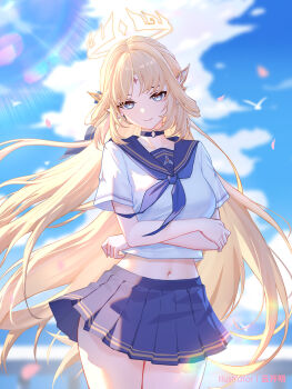 1girl alternate_costume artist_name black_choker blonde_hair blue_eyes blue_sailor_collar blue_skirt blue_sky breasts choker facial_mark forehead_mark genshin_impact halo highres large_breasts long_hair looking_at_viewer midriff_peek navel nicole_(genshin_impact) pleated_skirt pointy_ears sailor_collar school_uniform shirt skirt sky smile solo thighs very_long_hair white_shirt yunkaiming