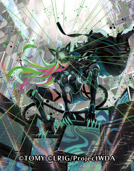 1girl animal_ears black_bodysuit black_gloves black_helmet black_shorts black_thighhighs blonde_hair bodysuit breasts cat_ears cat_girl cat_tail character_request claws copyright_notice elbow_gloves gloves green_hair helmet large_breasts long_hair moreshan multicolored_hair official_art pink_hair shorts smile solo streaked_hair tail thighhighs very_long_hair wixoss