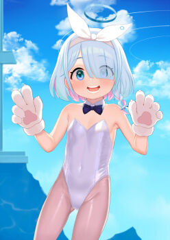 1girl :d alternate_costume animal_hands arona_(blue_archive) atg_(wttoo0202) bare_shoulders black_bow black_bowtie blue_archive blue_bow blue_bowtie blue_eyes blue_hair blue_halo blue_pupils blue_sky blush bow bowtie braid cloud colored_inner_hair covered_navel cowboy_shot day detached_collar eyes_visible_through_hair flat_chest gloves gluteal_fold hair_over_one_eye hair_ribbon hairband halo hands_up highleg highleg_leotard leotard loli looking_at_viewer multicolored_hair open_mouth outdoors pantyhose paw_gloves pink_hair playboy_bunny ribbon short_hair side_braid single_braid sky smile solo strapless strapless_leotard teeth two-tone_hair white_gloves white_hairband white_leotard