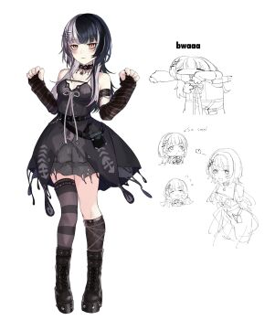 1girl :3 absurdres arm_strap arm_warmers arrow_(symbol) asymmetrical_legwear belt black_arm_warmers black_belt black_boots black_choker black_dress black_hair black_nails blush boots breasts chain chest_belt chibi chibi_inset choker clenched_hands closed_mouth commentary dress english_commentary fingernails fishnet_socks fishnets flying_sweatdrops full_body gloryaldelly grey_hair hands_up heart highres hololive hololive_english lace-up_boots long_hair longcat_(meme) looking_at_viewer medium_breasts meme mismatched_legwear multicolored_hair nail_polish platform_boots shiori_novella shiori_novella_(1st_costume) simple_background single_sock single_thighhigh sketch_inset sleeveless sleeveless_dress smile socks spiked_boots split-color_hair standing striped_arm_warmers striped_clothes striped_thighhighs thighhighs two-tone_hair uneven_legwear virtual_youtuber white_background yellow_eyes