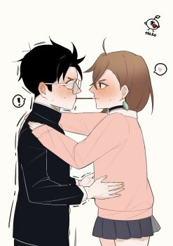 Rule 34 | 1boy, 1girl, absurdres, ayase momo, blush, couple, dandadan, food, food in mouth, gakuran, glasses, gyaru, hachi (chisano hako), highres, incoming pocky kiss, pocky, pocky day, pocky in mouth, round eyewear, school uniform, takakura ken (dandadan)