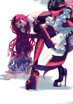 Rule 34 | 1girl, absurdres, baobhan sith (fate), baobhan sith (first ascension) (fate), bare shoulders, bent over, boots, commentary, detached sleeves, dress, fate/grand order, fate (series), frills, full body, gradient hair, grey eyes, hair ornament, high heels, highres, jarrchesky, long hair, looking at viewer, multicolored hair, open mouth, pink hair, pointy ears, simple background, solo, stiletto heels, thigh boots, tongue, tongue out, white background