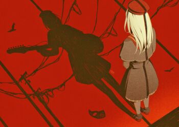 1girl 7nite absurdres bang_dream! bang_dream!_it&#039;s_mygo!!!!! beret bird black_capelet black_skirt capelet commentary different_shadow english_commentary facing_away from_above full_body green_hair guitar hat highres holding holding_guitar holding_instrument instrument long_hair long_sleeves mask mortis_(bang_dream!) mortis_(costume)_(bang_dream!) power_lines red_background red_hat shoes skirt solo standing unworn_mask utility_pole wakaba_mutsumi