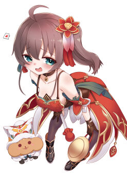 1girl absurdres alternate_costume black_shoes black_thighhighs blue_eyes breasts brown_gloves choker cosplay dress flower gloves guinaifen_(honkai:_star_rail) guinaifen_(honkai:_star_rail)_(cosplay) hair_flower hair_ornament heart highres holding hololive honkai:_star_rail honkai_(series) looking_at_viewer matsurisu natsuiro_matsuri one_side_up open_mouth red_choker red_dress senbon_tsuki shoes small_breasts smile solo spoken_heart thighhighs virtual_youtuber