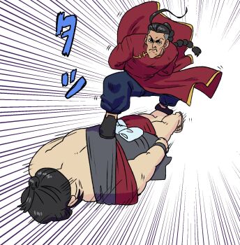 Rule 34 | 2boys, black hair, braid, chinese clothes, e. honda, highres, jamie siu, long hair, multiple boys, pants, single braid, sky surfing, street fighter, street fighter 6, sumo, wallace pires