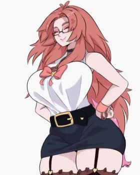 1girl 2025 ahoge animated belt belt_buckle black_belt black_panties bodystocking bouncing_breasts bow bowtie bracelet breasts buckle choker chuchanchel closed_eyes collarbone collared_shirt commentary cowboy_shot dancing english_commentary female_focus hands_on_own_hips huge_breasts indie_virtual_youtuber jewelry kay_yu long_hair mature_female panties pantyshot pearl_bracelet pencil_skirt pink_bow pink_bowtie pink_hair pink_wrist_cuffs reference_work scarlette_en shirt simple_background skirt sleeveless sleeveless_shirt smile solo standing thick_thighs thighs underwear very_long_hair video virtual_youtuber wavy_hair white_background white_shirt wide_hips wrist_cuffs