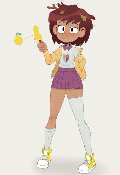 1girl amphibia anne_boonchuy arrow_(symbol) asymmetrical_legwear black_eyes blue_shirt blush brown_hair choker clothes_writing dark_skin disney eating food food_on_face fruit grey_background grey_socks grey_thighhighs hair_ornament hand_in_pocket holding holding_food holding_ice_cream holding_popsicle ice_cream jacket leaf_hair_ornament leaves lemon long_sleeves looking_at_viewer open_clothes open_jacket popsicle print_shirt purple_skirt rukisan(pixiv) school_uniform shirt shoes short_hair skirt smile socks standing thick_thighs thighhighs thighs yellow_jacket yellow_shoes