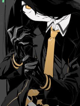 1girl adjusting_clothes adjusting_gloves belt black_belt black_choker black_vest blonde_hair choker collared_shirt commentary_request gloves hair_over_one_eye hands_up highres long_bangs long_sleeves manhattan_cafe_(creeping_black)_(umamusume) manhattan_cafe_(umamusume) necktie okima_udo parted_lips shirt solo umamusume vest white_shirt yellow_eyes yellow_necktie