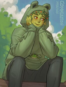 Rule 34 | 1girl, animal hood, animal print, artist name, closed mouth, colored skin, commentary, commission, english commentary, feet out of frame, freckles, frog, frog girl, frog hood, frog print, green hair, green hoodie, green skin, grey pants, hands on own face, highres, hood, hood up, hoodie, light smile, lips, log, looking to the side, m4rjinn, nature, nose, original, outdoors, pants, red eyes, short hair, sitting, sitting on log, sleeves past wrists, solo