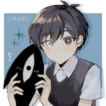 Rule 34 | 1boy, antenna hair, black eyes, black hair, black sweater vest, blush, bright pupils, closed mouth, collared shirt, commentary, copyright name, double-parted bangs, flying sweatdrops, hair between eyes, hashtag-only commentary, heterochromia, highres, looking at viewer, male focus, o3o2sao, omori, shirt, short hair, short sleeves, solo, something (omori), spoilers, sunny (omori), sweater vest, upper body, white eyes, white pupils, white shirt