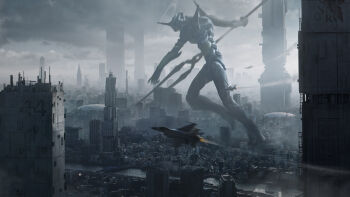 aircraft airplane artist_request cityscape destruction eva_01 highres lance_of_longinus_(evangelion) mecha mecha_focus neon_genesis_evangelion non-web_source robot science_fiction sky source_request