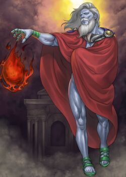 Rule 34 | 1boy, ald, beard, blue skin, cape, colored skin, devil summoner (series), facial hair, fire, highres, long beard, long hair, male focus, muscular, muscular male, mustache, no eyes, no male underwear, prometheus (devil summoner), red cape, sandals, shin megami tensei, smoke, temple, white hair