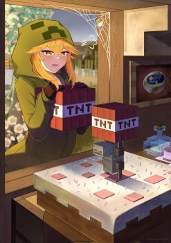 1girl absurdres creeparka creeper cupa_(at2.) destinyplayer1 explosive green_hoodie highres holding_block hood hooded_jacket hoodie jacket long_hair long_sleeves minecraft mob_talker open_mouth orange_hair personification solo tnt tnt_block_(minecraft)