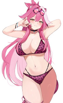 1girl alternate_costume animal_ear_fluff animal_ears arms_behind_head arms_up bikini bikini_under_clothes blush bracelet breasts cleavage closed_mouth commentary crop_top cropped_shirt fingernails goggles goggles_on_head hair_between_eyes hair_intakes highres hololive hololive_english jewelry ku_roiko large_breasts leopard_print leopard_print_bikini long_hair looking_at_viewer multicolored_hair multiple_bracelets navel panther_ears panther_girl panther_print panther_tail pink_bikini pink_hair print_bikini raora_panthera simple_background smile solo stomach streaked_hair swimsuit tail thighs upper_body very_long_hair virtual_youtuber white_background white_hair yellow_eyes