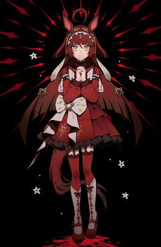 1girl ahoge breasts brown_hair closed_mouth commentary_request full_body hair_between_eyes hair_ornament highres horse_girl melvi0 own_hands_clasped own_hands_together red_desire_(umamusume) ribbon shoes simple_background small_breasts smile solo standing thighhighs umamusume veil yellow_eyes