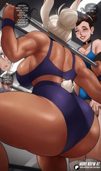 2girls absurdres animal_ears ass barbell birthday_connection boku_no_hero_academia breasts brown_hair capcom chun-li commentary crossover dark-skinned_female dark_skin earrings echo_saber english_commentary english_text exercising female_focus from_behind from_below hair_bun highres indoors jewelry large_breasts mature_female mirko mirror multiple_girls muscular muscular_arms muscular_back muscular_female muscular_legs nail_polish parted_lips patreon_logo patreon_username purple_sports_bra rabbit_ears rabbit_girl rabbit_tail red_eyes red_lips reflection short_tail sideboob speech_bubble sports_bra squatting street_fighter sweat tail thick_thighs thighs watermark web_address weightlifting white_hair