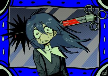 1girl black_hair highres long_hair momoutsu_muni original signature solo suspenders syringe