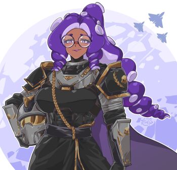 1girl armor breasts catboi_arry crossover dark-skinned_female dark_skin glasses helldiver_(helldivers) helldivers_(series) helmet highres holding holding_unworn_helmet indie_virtual_youtuber large_breasts long_hair looking_at_viewer momma_occo nintendo octoling purple_eyes purple_hair purple_lips round_eyewear solo splatoon_(series) tentacle_hair unworn_headwear unworn_helmet virtual_youtuber