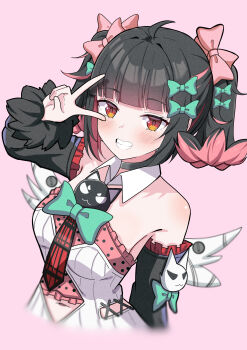 Rule 34 | 1girl, absurdres, bare shoulders, black choker, blush, bow, breasts, choker, clothing cutout, colored inner hair, commentary request, cropped torso, detached sleeves, dress, fur-trimmed sleeves, fur trim, green bow, grin, hair bow, highres, hosinonana, looking at viewer, multicolored hair, multiple hair bows, nangong yu, navel, navel cutout, necktie, pink background, pink bow, red eyes, red necktie, short twintails, simple background, small breasts, smile, solo, sparkling eyes, twintails, v, v over eye, white dress, white wings, wings, zenless zone zero