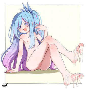 1girl absurdres barefoot blue_hair blue_nails boppin breasts cleft_of_venus commission crossed_legs cum cum_on_body cum_on_feet duel_monster feet highres loli long_hair multicolored_hair nail_polish nipples nude open_mouth pussy rilliona_(yu-gi-oh!) sitting small_breasts solo toenail_polish toenails toes uncensored witchcrafter_madame_verre yu-gi-oh!