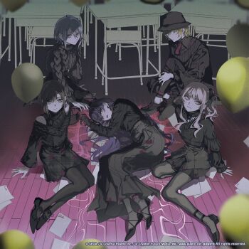1boy 1other 25-ji_len 25-ji_nightcord_de._(project_sekai) 3girls akiyama_mizuki album_cover asahina_mafuyu balloon black_hat black_pantyhose black_skirt black_sweater blonde_hair brown_hair classroom commentary_request cover dress hat kagamine_len long_hair looking_at_viewer lying multiple_girls official_art open_mouth orihara_(ewkkyorhr) pantyhose paper pink_eyes pink_hair plaid_clothes plaid_skirt project_sekai purple_eyes purple_hair shinonome_ena short_hair skirt sweater yoisaki_kanade