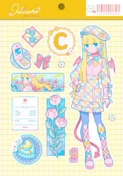 1girl artist_name barcode beret blonde_hair blue_bow blue_eyes blue_pantyhose bow c_(letter) cake cellphone commentary_request contrapposto demon_girl demon_tail demon_wings dress earrings flip_phone flower food full_body grid_background hand_on_own_hip hat highres hiro046k jewelry long_hair original outline pantyhose phone pink_bow pink_dress pink_flower pink_shoes plaid_clothes plaid_dress receipt shoes sticker_sheet_(medium) tail twitter_username wings yellow_background yellow_bow yen_sign