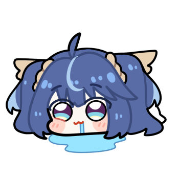 1girl :3 ahoge blue_eyes commentary drooling english_commentary head_only iuno_(wuthering_waves) looking_at_viewer multicolored_hair simple_background solo streaked_hair twintails twomoon white_background wuthering_waves