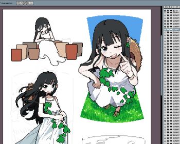 1girl art_program_in_frame aseprite_(medium) black_eyes black_hair blunt_bangs blush blush_stickers collarbone dress finger_to_cheek full_body grass hand_on_own_hip hat hat_on_back highres leaf leaf_on_clothes leaf_on_head long_hair looking_at_viewer multiple_views nazeondo one_eye_closed original shoes sitting sleeping smile straw_hat teeth upper_teeth_only vase white_dress